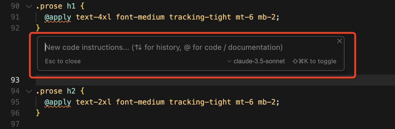 Cursor's inline edit prompt bar directly over source code