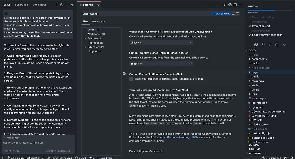 Cursor's sidecar chat panel beside the editor